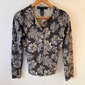 Wool Women Beaded Floral Cardigan Sweater Button Gray Small Adriene Vittadini